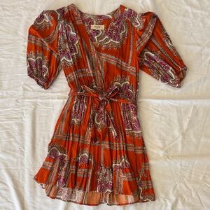 Boho Tie-Waist Mini Dress in Burnt Orange Paisley
